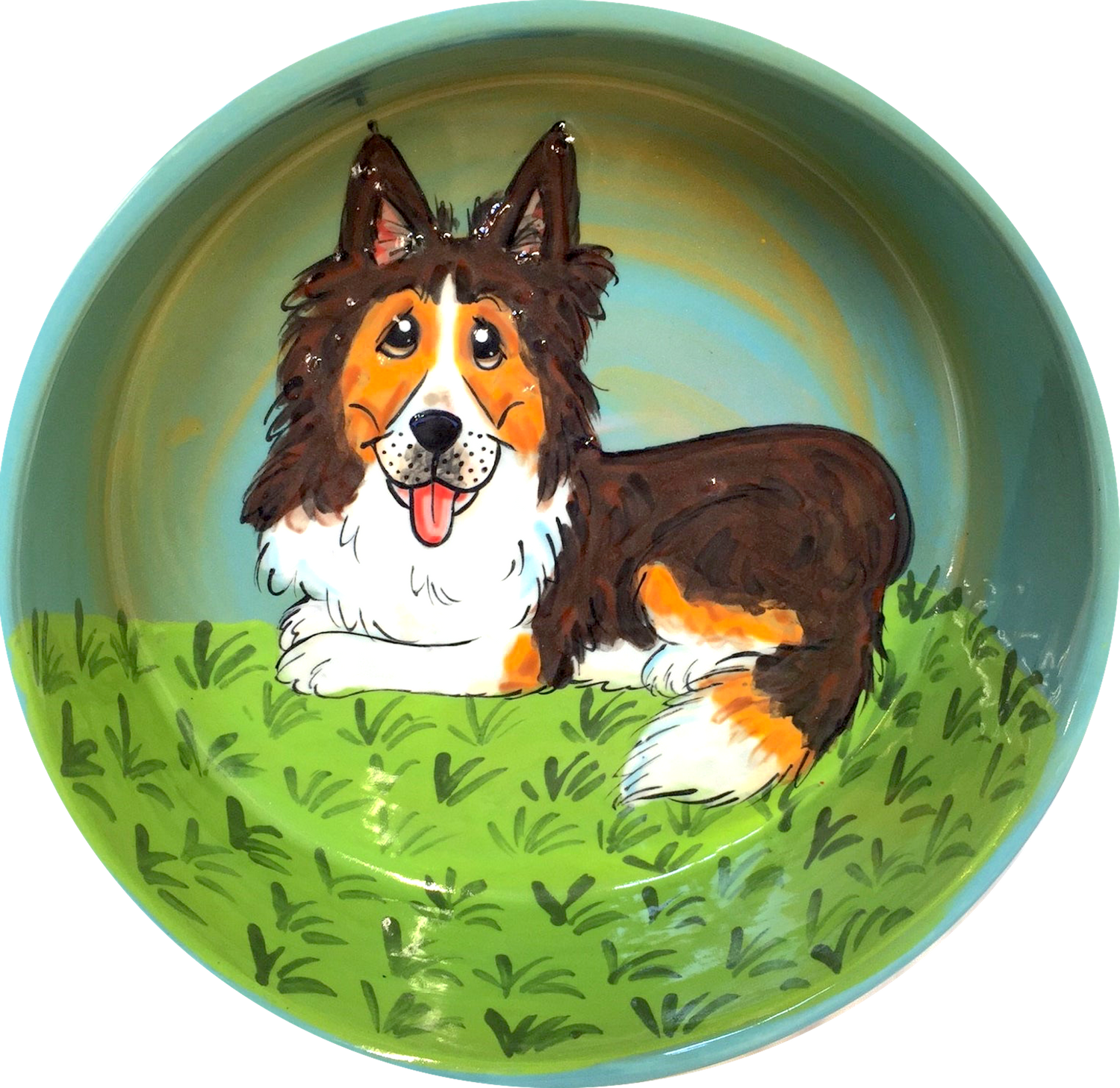 Collie Dog Bowl / Teal / Collie in Garden / Pet Bow Design / Ceramic / Debby Carman / Faux Paw Petique / Large Dog Bowl / Dog Gift / Collie Gift / Handmade gifts