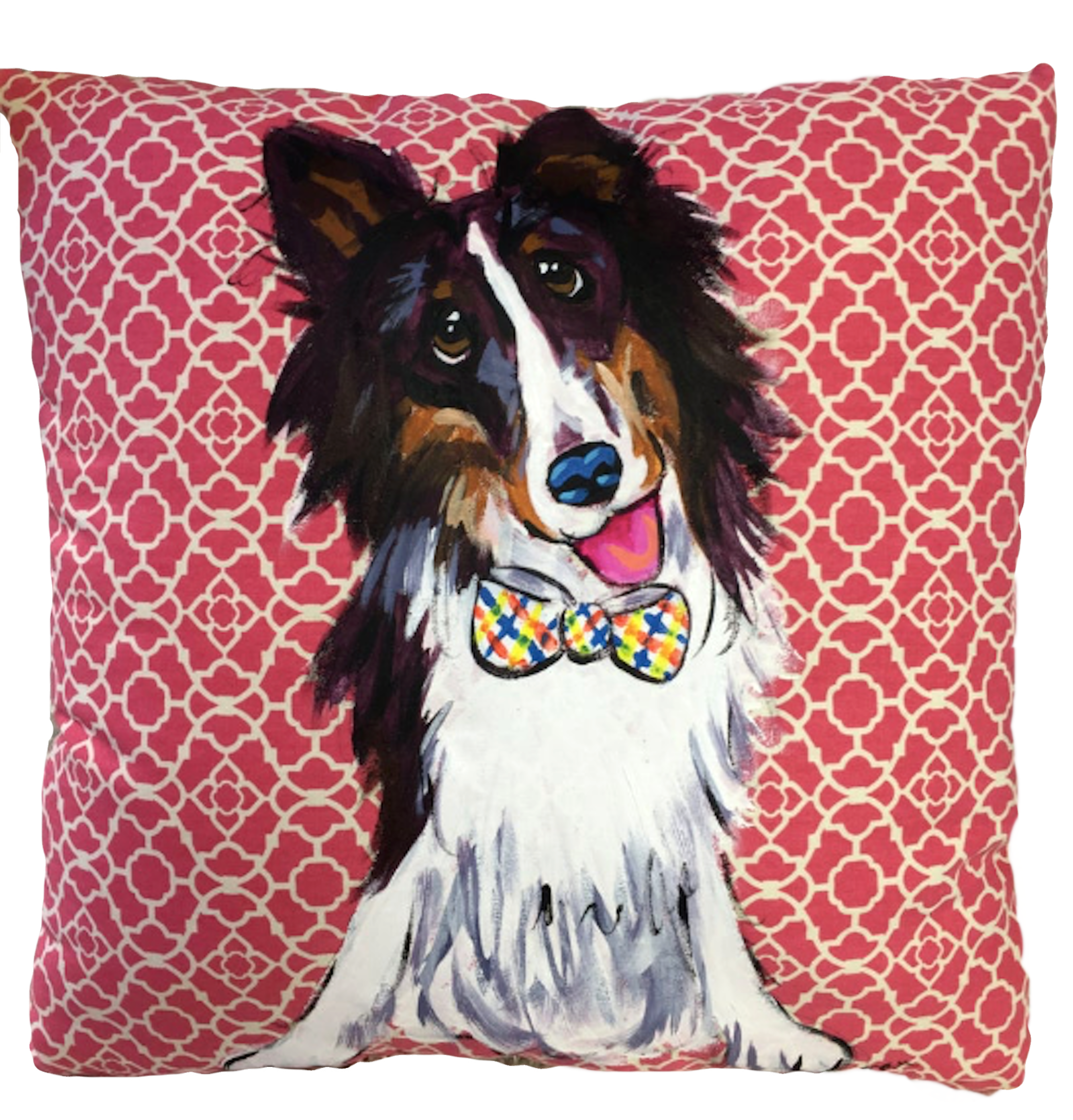 Hand painted dog portrait of collie on patterned handmade high quality decorative pillow by Debby Carman 