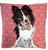 Hand painted dog portrait of collie on patterned handmade high quality decorative pillow by Debby Carman 