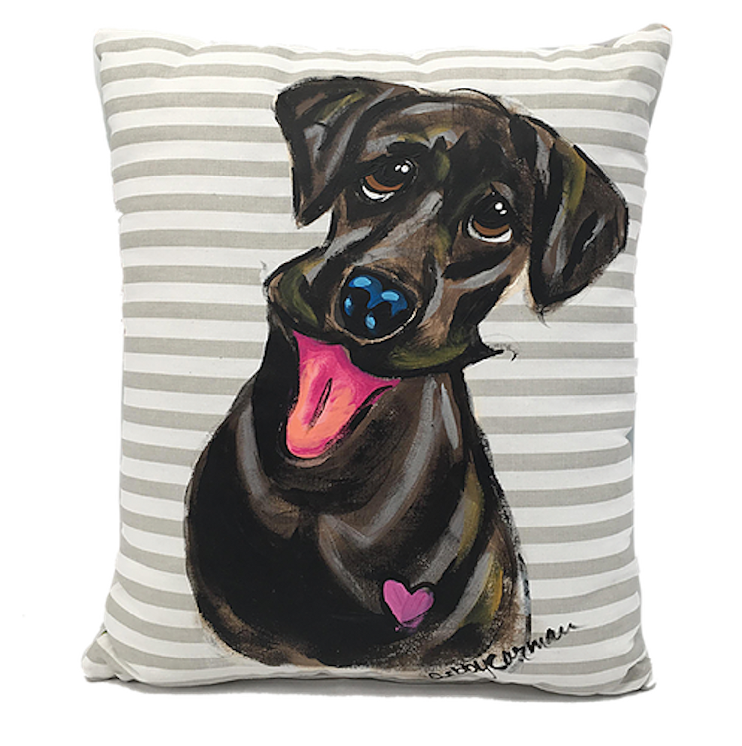 Black Labrador painted with acrylic on stylish grey and white striped decorative throw pillow by faux paw artist debby carman