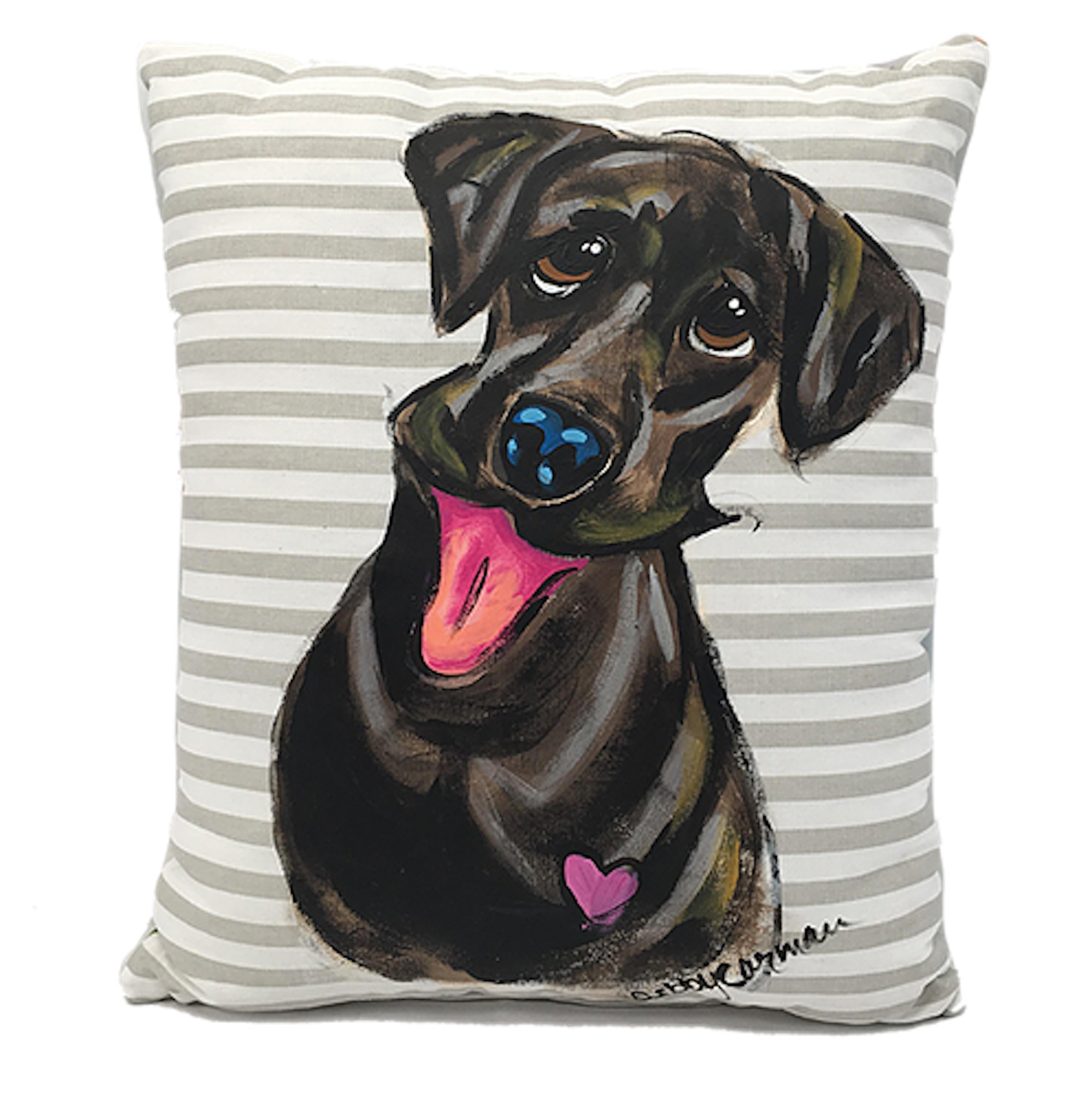 Black Labrador painted with acrylic on stylish grey and white striped decorative throw pillow by faux paw artist debby carman