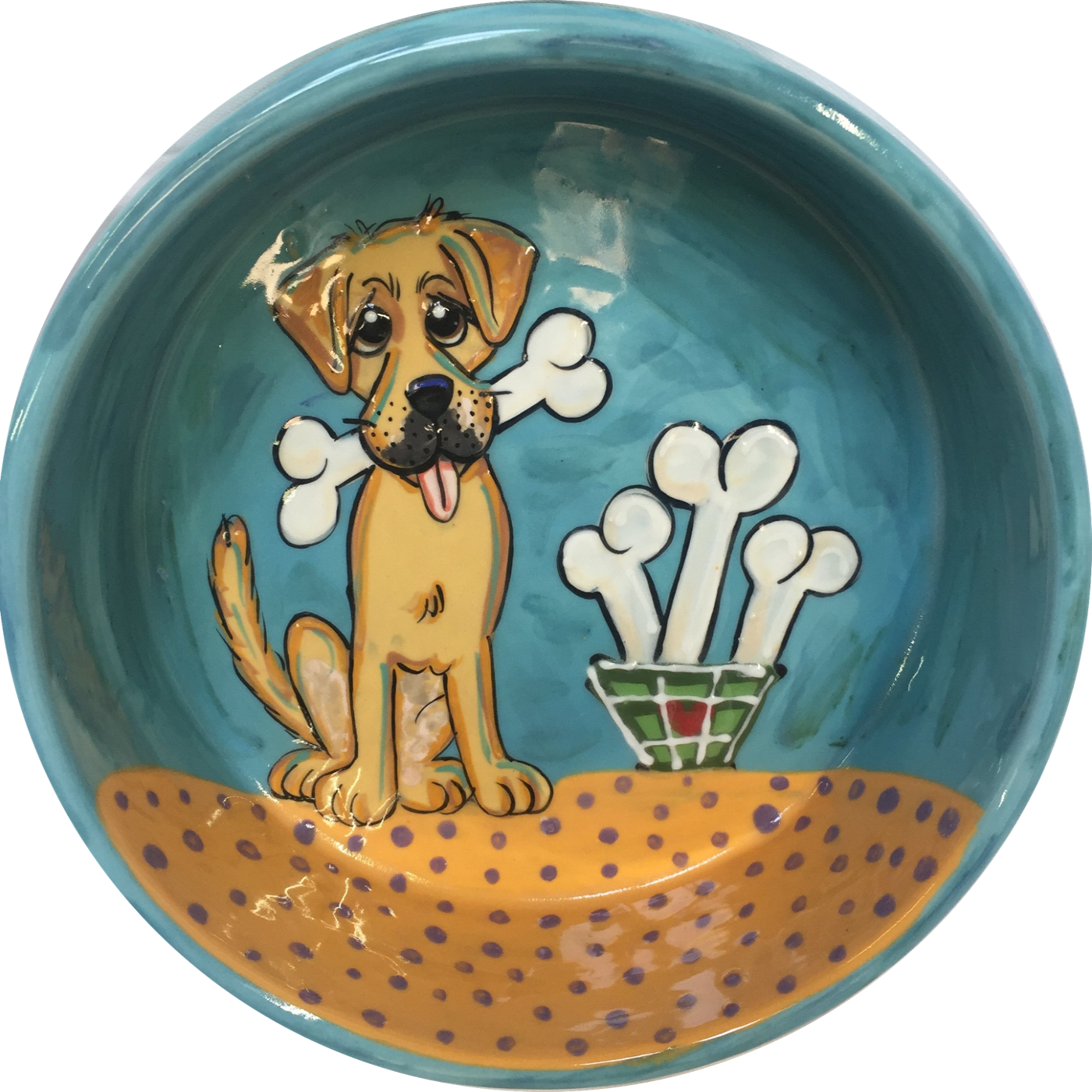 Large  Extra Large Blue ceramic Labrador food bowl featuring dog bones by debby carman