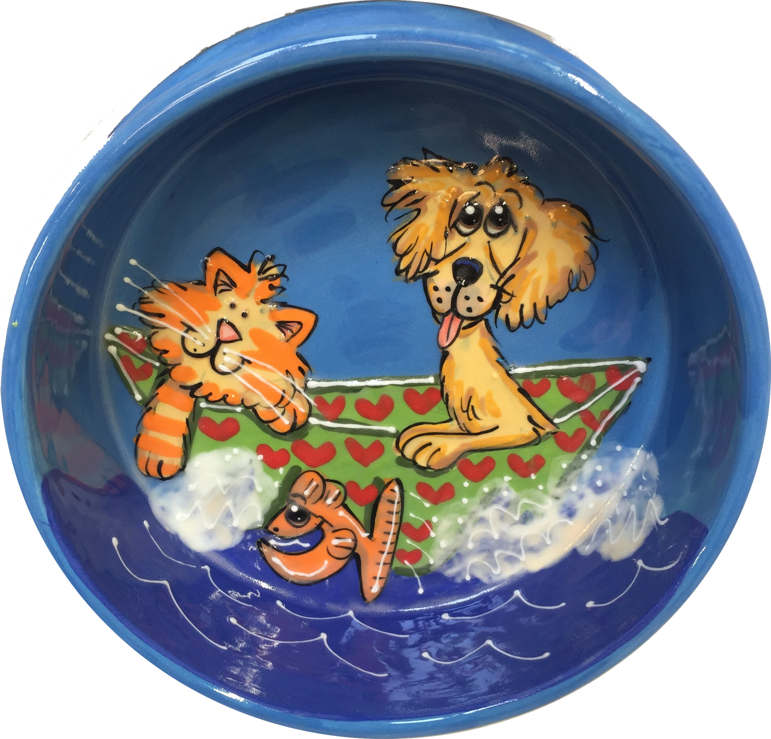 Tabby cat and golden retriever smiling at fish jumping out of water while enjoying a boat ride  hand painted by Debby Carman on a ceramic bowl in whimsical pet portrait from photo on sturdy dog bowl with name of pets written around the pet bowl