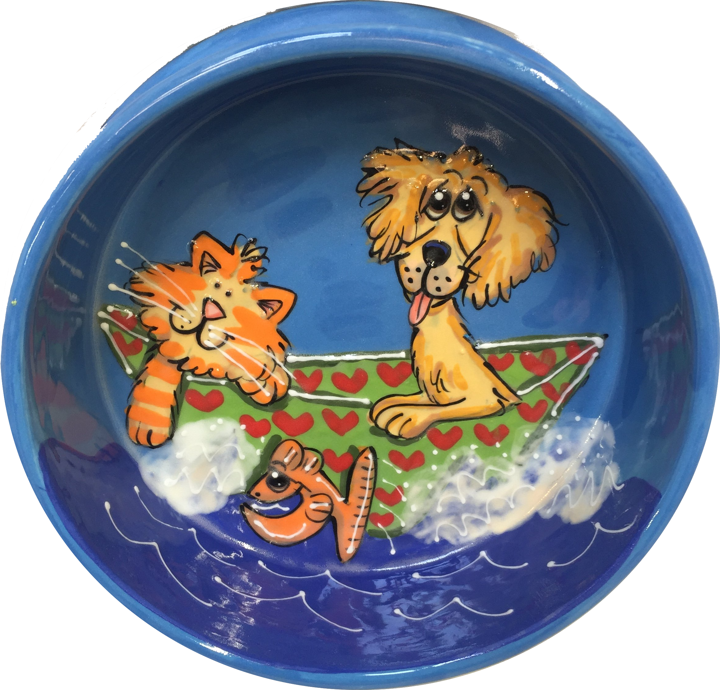 Tabby cat and golden retriever smiling at fish jumping out of water while enjoying a boat ride  hand painted by Debby Carman on a ceramic bowl in whimsical pet portrait from photo on sturdy dog bowl with name of pets written around the pet bowl