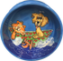 Tabby cat and golden retriever smiling at fish jumping out of water while enjoying a boat ride  hand painted by Debby Carman on a ceramic bowl in whimsical pet portrait from photo on sturdy dog bowl with name of pets written around the pet bowl