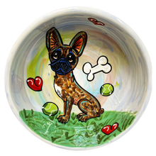 French Bulldog Bowl in the garden with a birdie