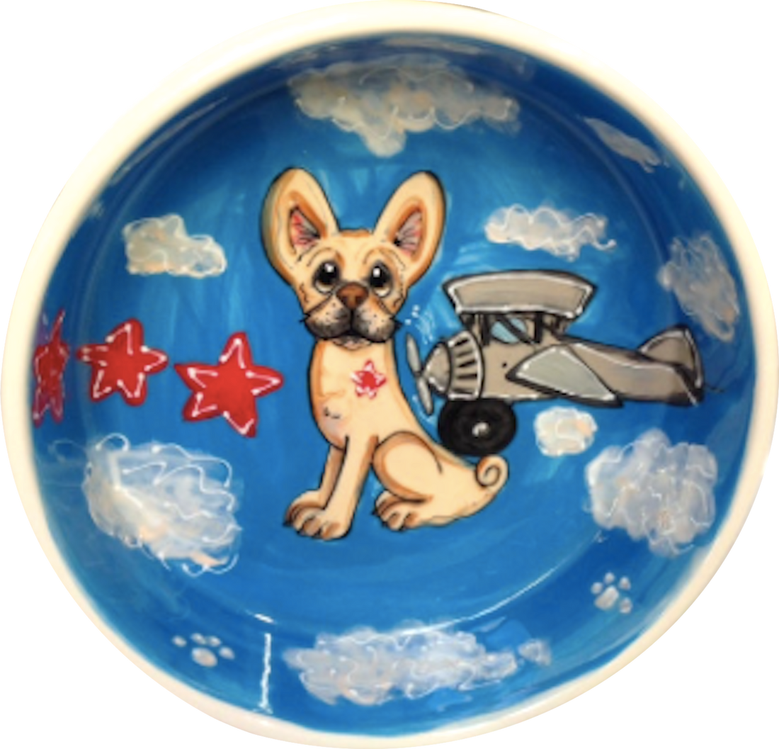 French Bulldog with airplane featured on Ceramic Dog Bowl Great Gift for frenchie lover hand painted by Debby Carman 