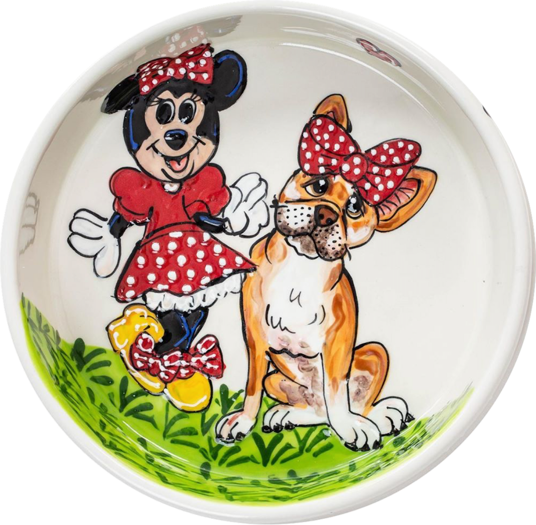 Mini Mouse and French Bulldog painted in a ceramic pet water bowl by Debby Carman