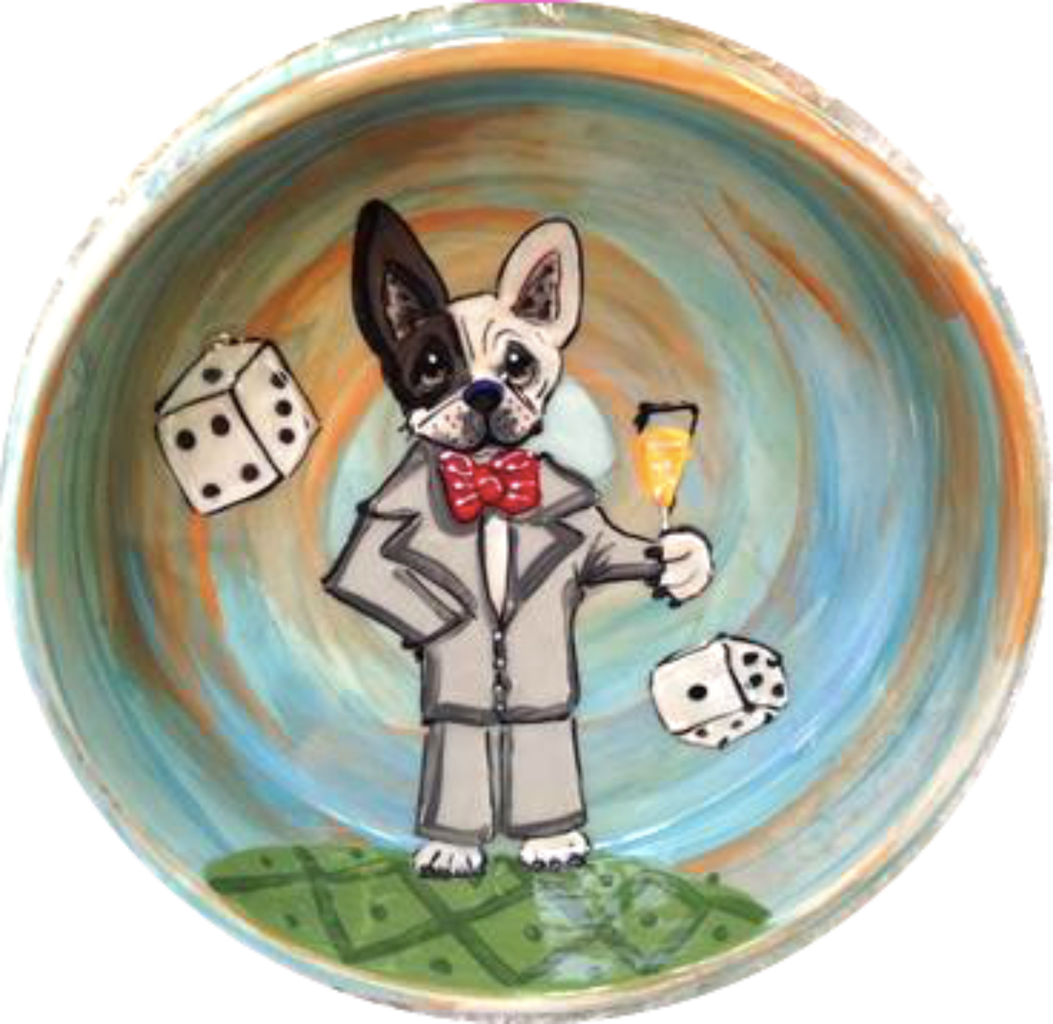 Las Vegas Show Dog French Bulldog in suit and bow tie making a champagne toast with dice rolling hand painted by Debby Carman custom themed dog paintings fun colorful dog bowls with pet portrait from photo