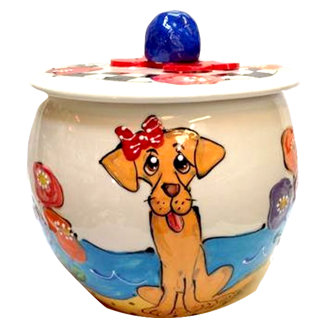 Labrador girl with bow hand painted on treat jar custom handmade by Debby Carman 