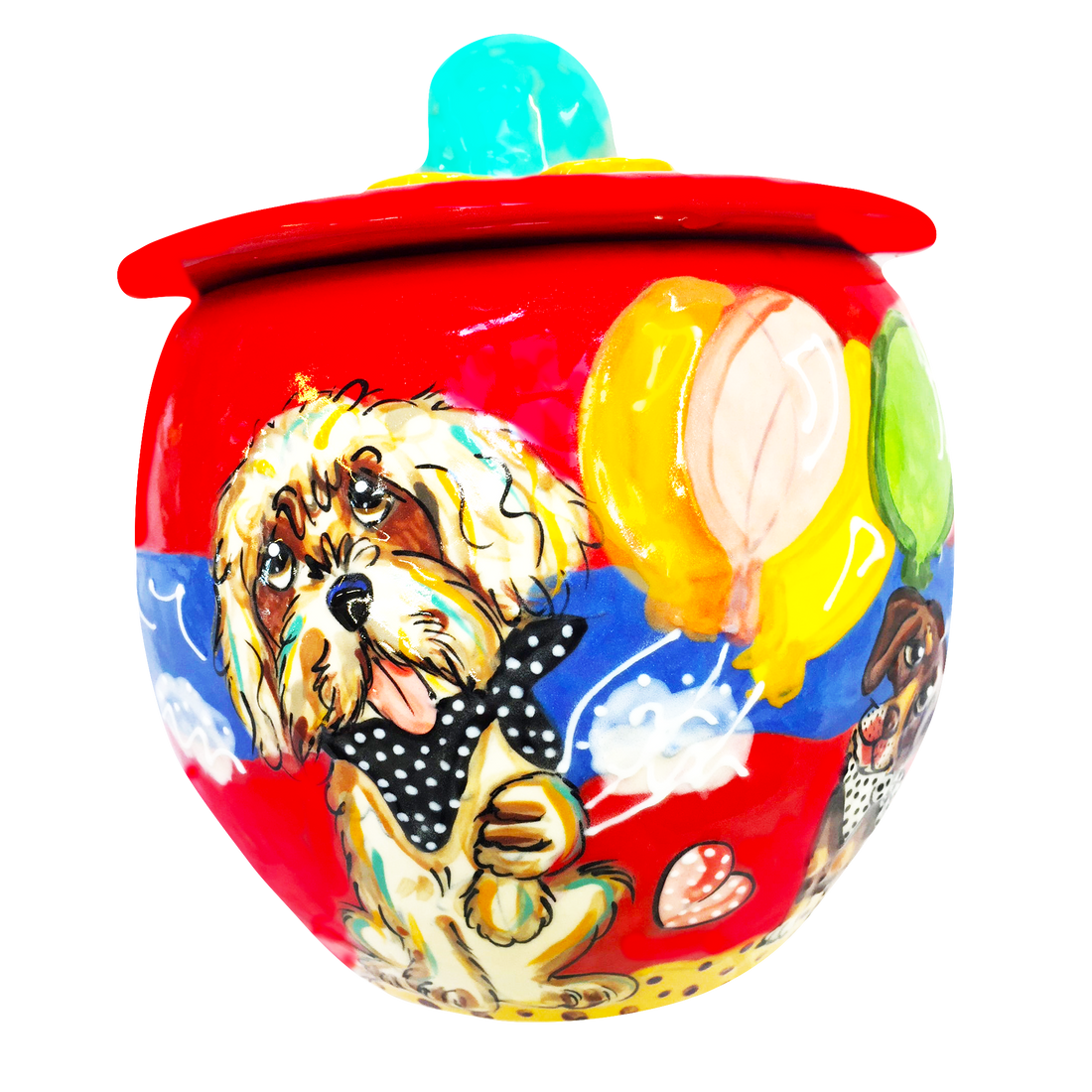 GOLDEN DOODLE BIRTHDAY GIFT TREAT JAR CERAMIC HAND PAINTED DOG PICTURE WHIMSICAL PET PORTRAITS BY Debby Carman 