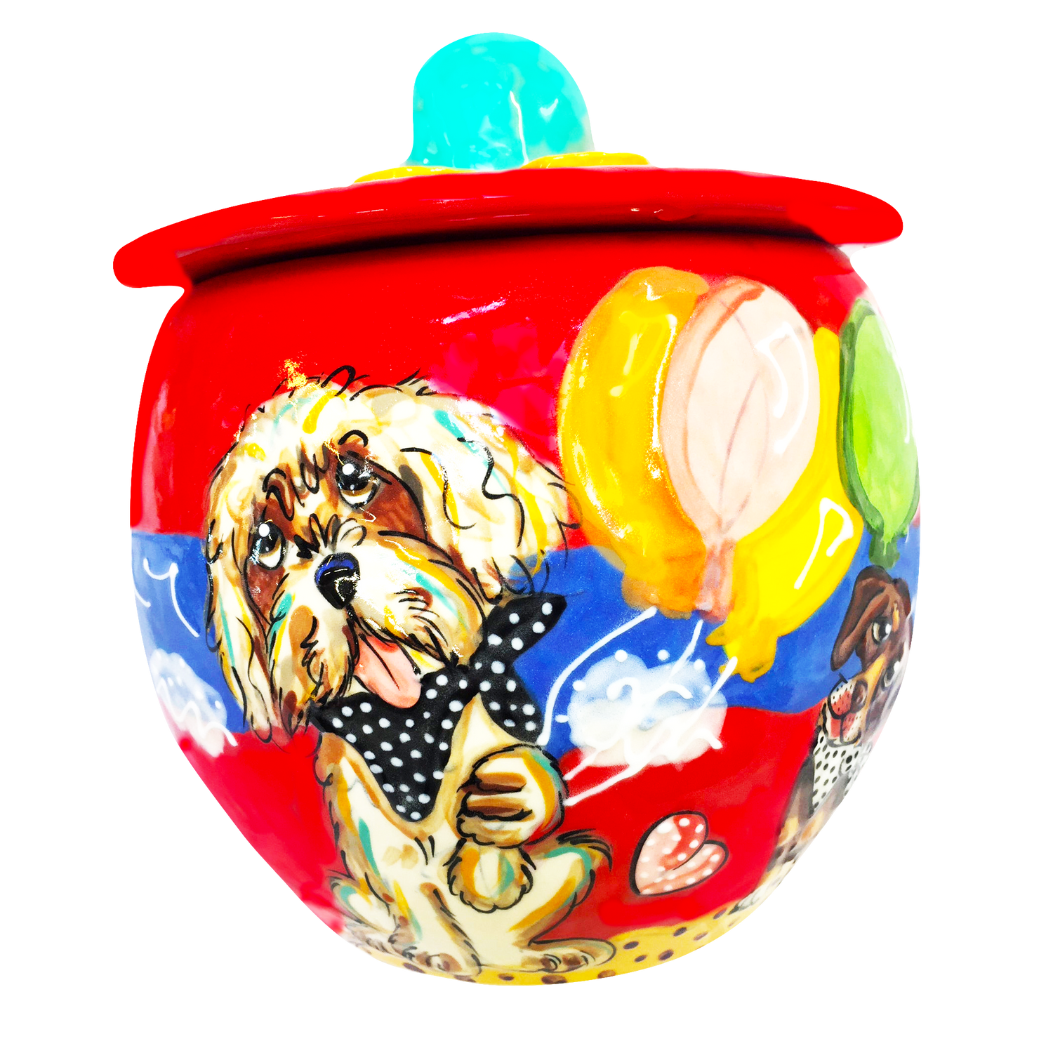 GOLDEN DOODLE BIRTHDAY GIFT TREAT JAR CERAMIC HAND PAINTED DOG PICTURE WHIMSICAL PET PORTRAITS BY Debby Carman 