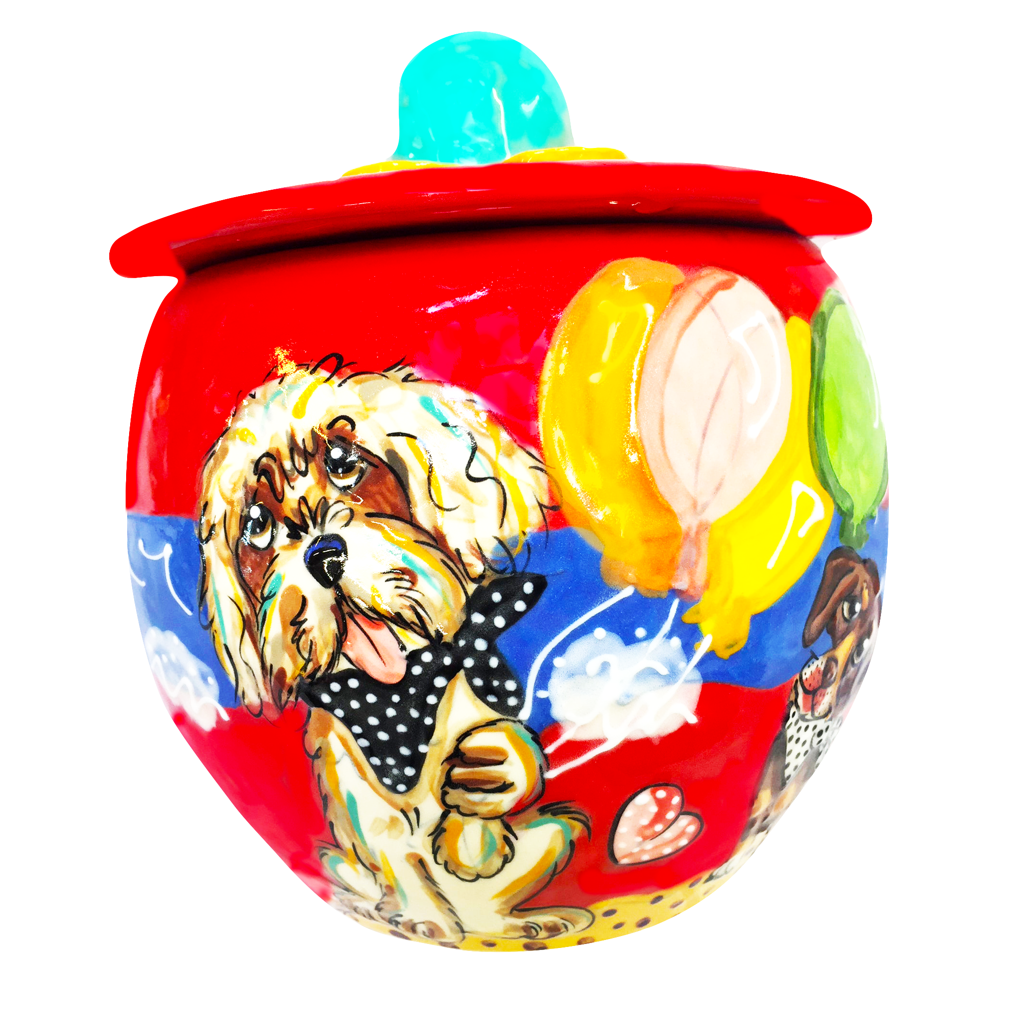 GOLDEN DOODLE BIRTHDAY GIFT TREAT JAR CERAMIC HAND PAINTED DOG PICTURE WHIMSICAL PET PORTRAITS BY Debby Carman 