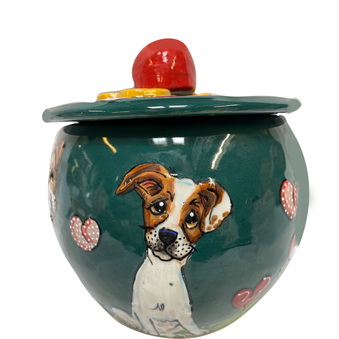 image pf beagle dog beautifully hand painted on ceramic treat jar by custom pet portrait specialist Debby Carman Laguna Beach artist and sculptor creating the worlds most beautiful pet ceramics