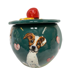 image pf beagle dog beautifully hand painted on ceramic treat jar by custom pet portrait specialist Debby Carman Laguna Beach artist and sculptor creating the worlds most beautiful pet ceramics