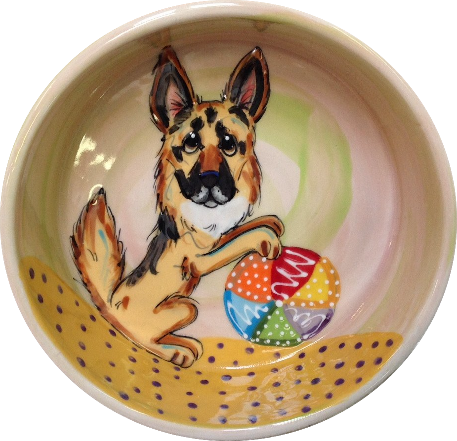 Photo of German Shepherd playing with beach ball on the sand hand painted in a non toxic ceramic dog bowl  by Debby Carman