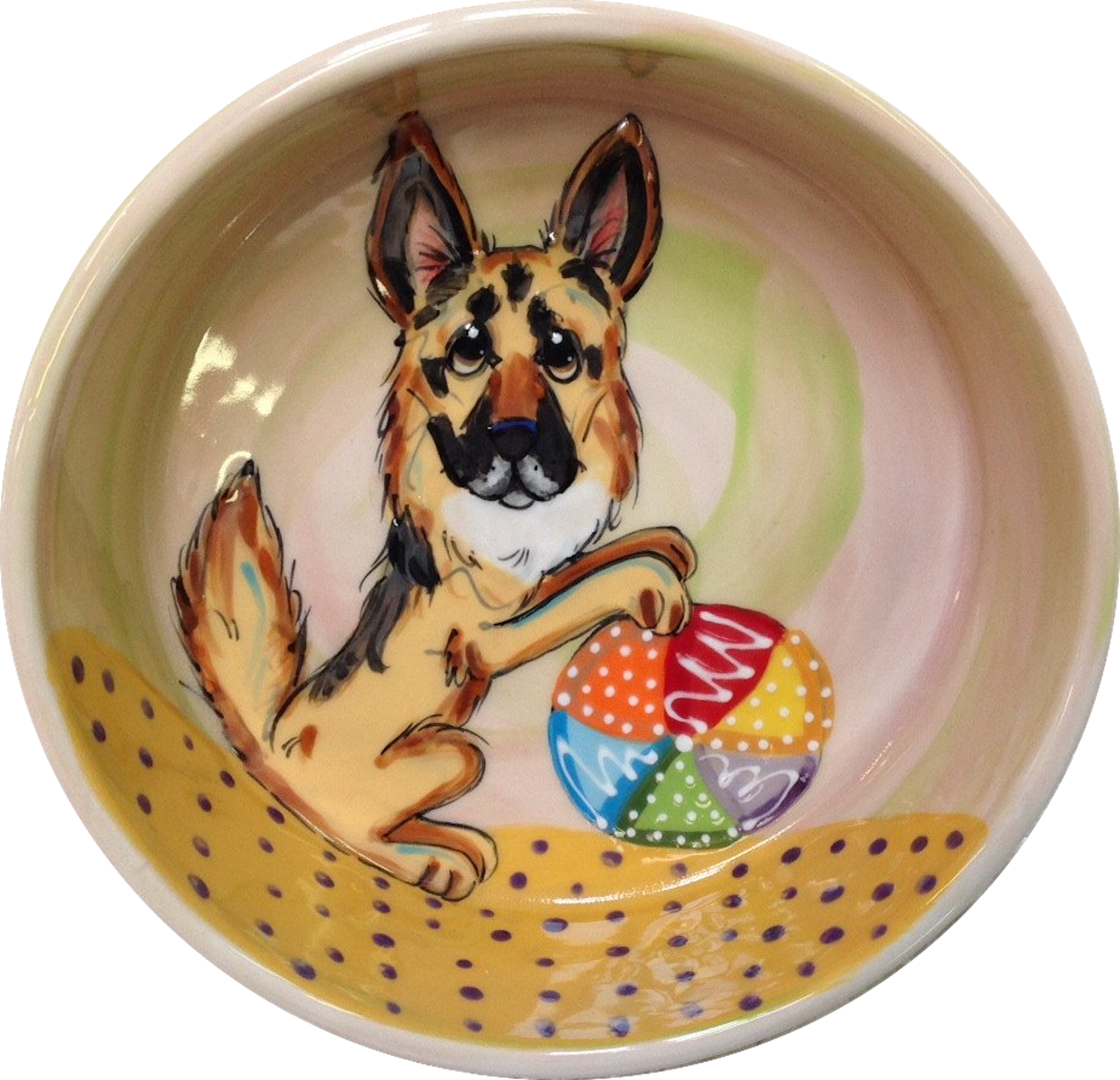 Photo of German Shepherd playing with beach ball on the sand hand painted in a non toxic ceramic dog bowl  by Debby Carman