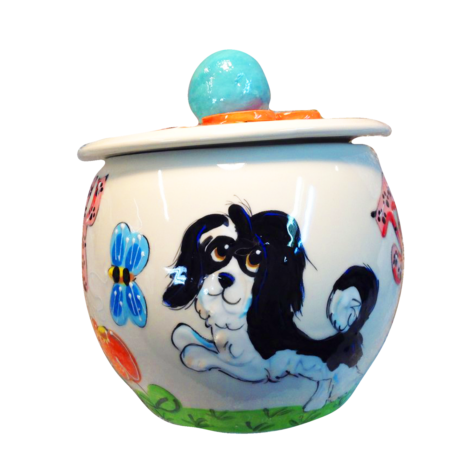 havanese in garden painted on ceramic treat jar by debby carman