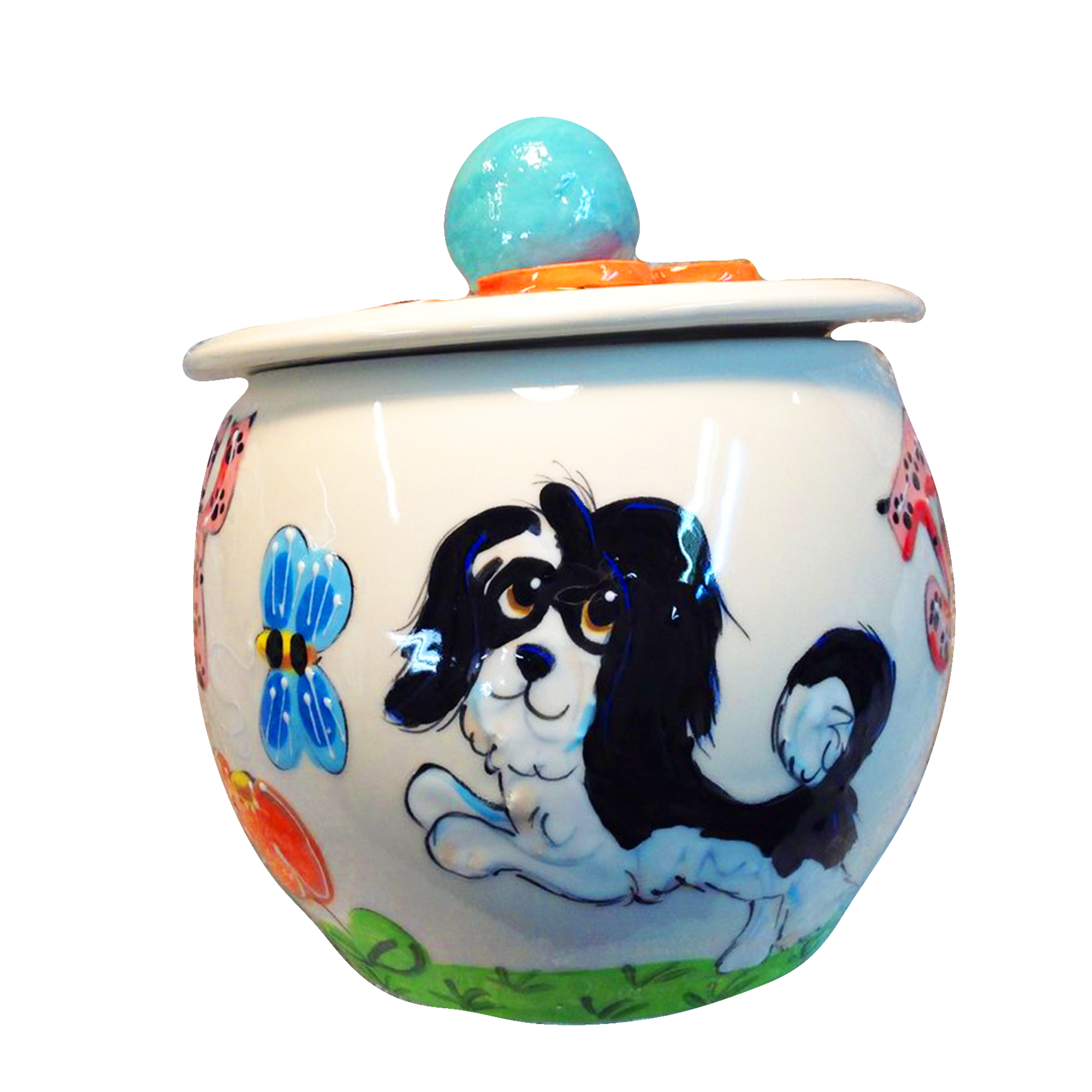 havanese in garden painted on ceramic treat jar by debby carman