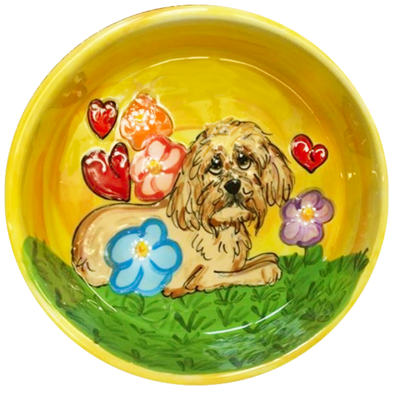 Photo of yellow ceramic dog bowl with hand painted Havanese breed dog portrait sitting in flower garden