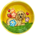 Photo of yellow ceramic dog bowl with hand painted Havanese breed dog portrait sitting in flower garden