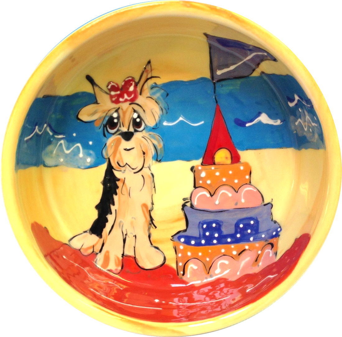 Yorkie girl with bow sitting on beach with colorful sandcastle birthday cake pet portrait hand painted by Debby Carman owner artist at Faux Paw Petique Artique Productions known for the worlds most beautiful pet ceramics and dog bowls