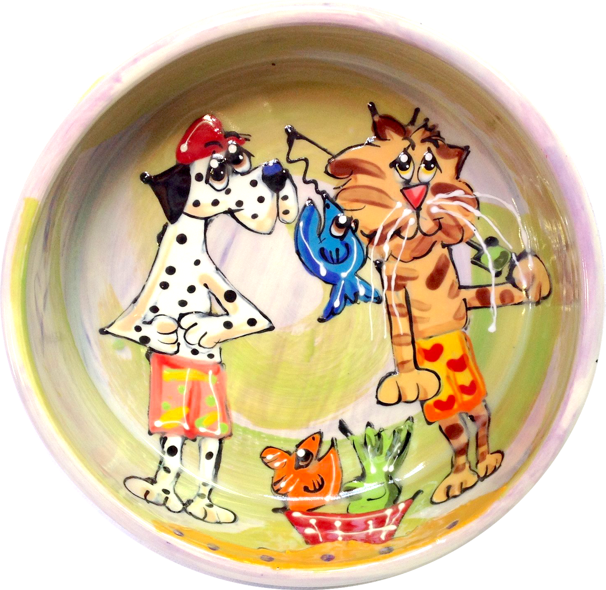 Whimsical / Dog Bowl / Large / Pet Bowls / Pet Supplies / water dish / ceramic / handmade / gift / dog mom / Debby Carman / dog bowl pottery / sturdy dog bowl / heavy dog bowl / faux paw petique / faux Paw Artique/ faux paw productions / cat fishing / Dalmatian / best dog bowl 2020 / celebrity pet / custom / personalize dog bowl with name / hand painted / pet portrait / dog portrait from photo / bestselling dog bowls / pet bowl set / puppy bowl / pet art / dog art