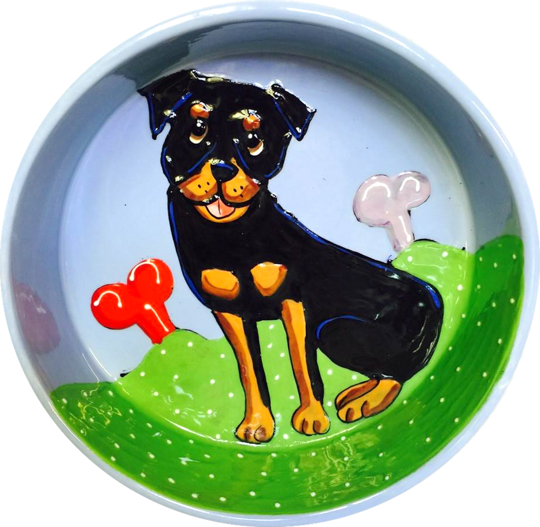 EXTRA LARGE CERAMIC DOG BOWL / BLUE / ROTTWEILER / HAND PAINTED / WHIMSICAL / Debby Carman / CUSTOM DOG BOWLS 