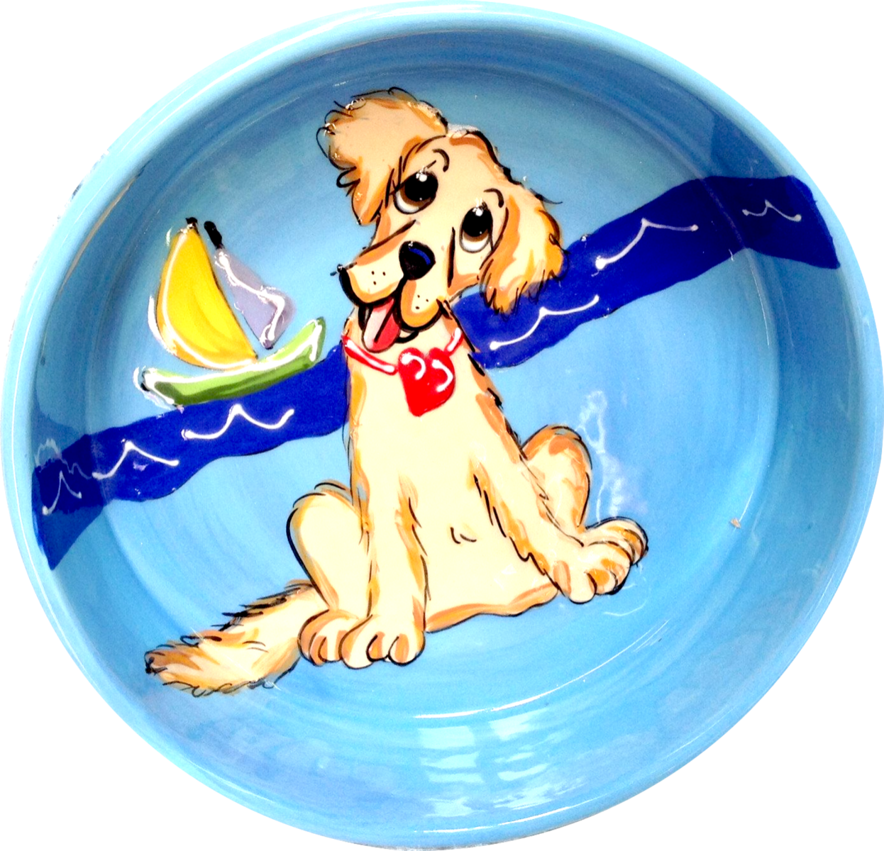 Blue ceramic stoneware dog bowl for golden retriever sail away dog by Debby Carman 