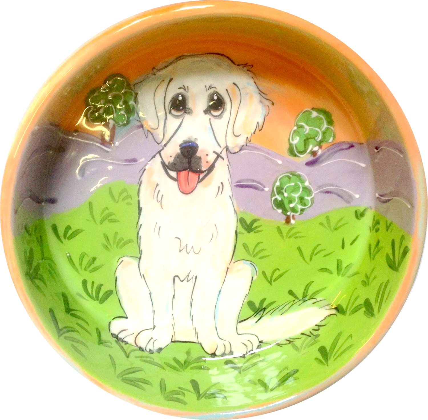 Photo of Ceramic Dog Bowl with white Labrador in grassy field, pet portraits by Debby Carman 