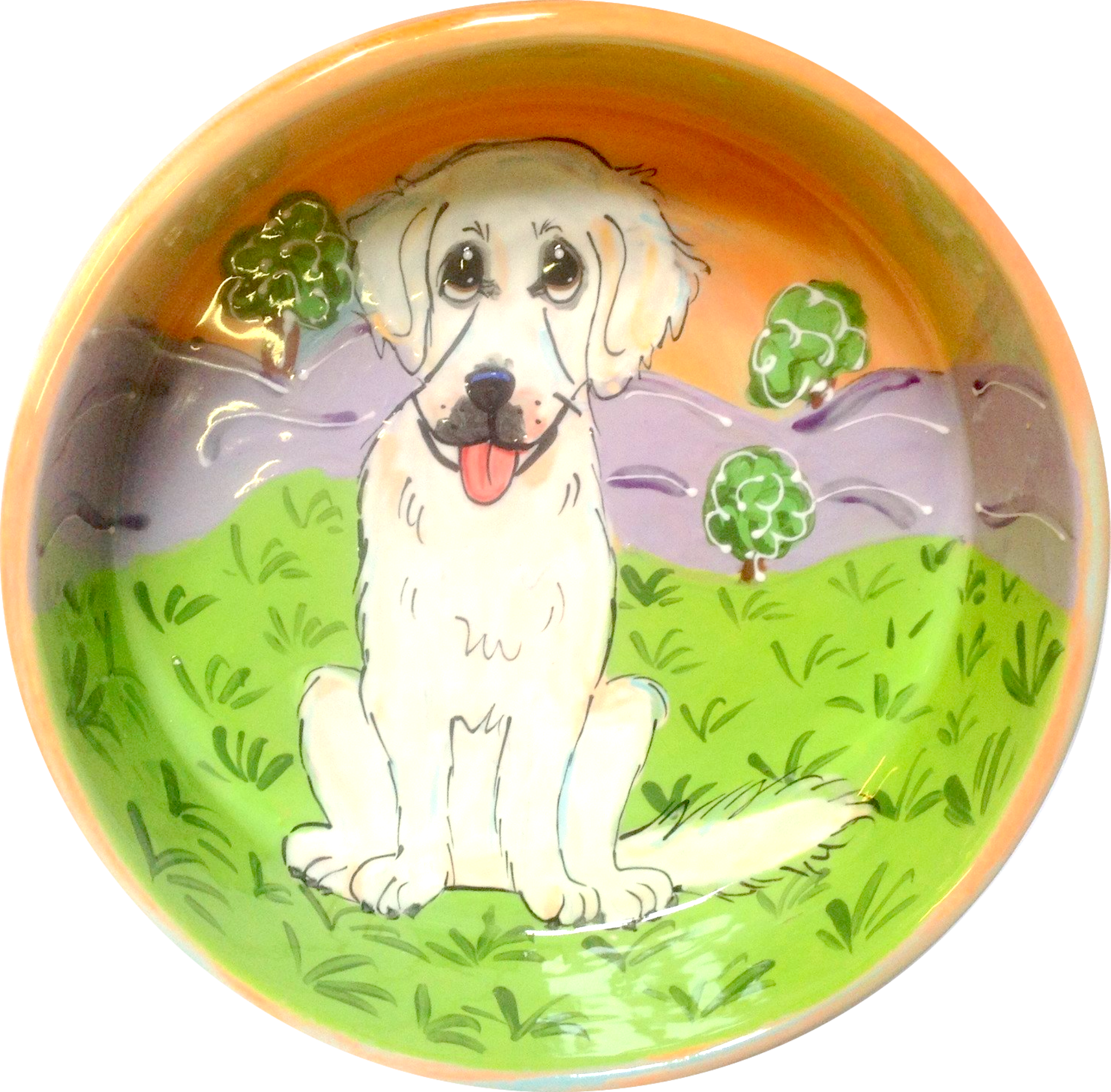 Photo of Ceramic Dog Bowl with white Labrador in grassy field, pet portraits by Debby Carman 