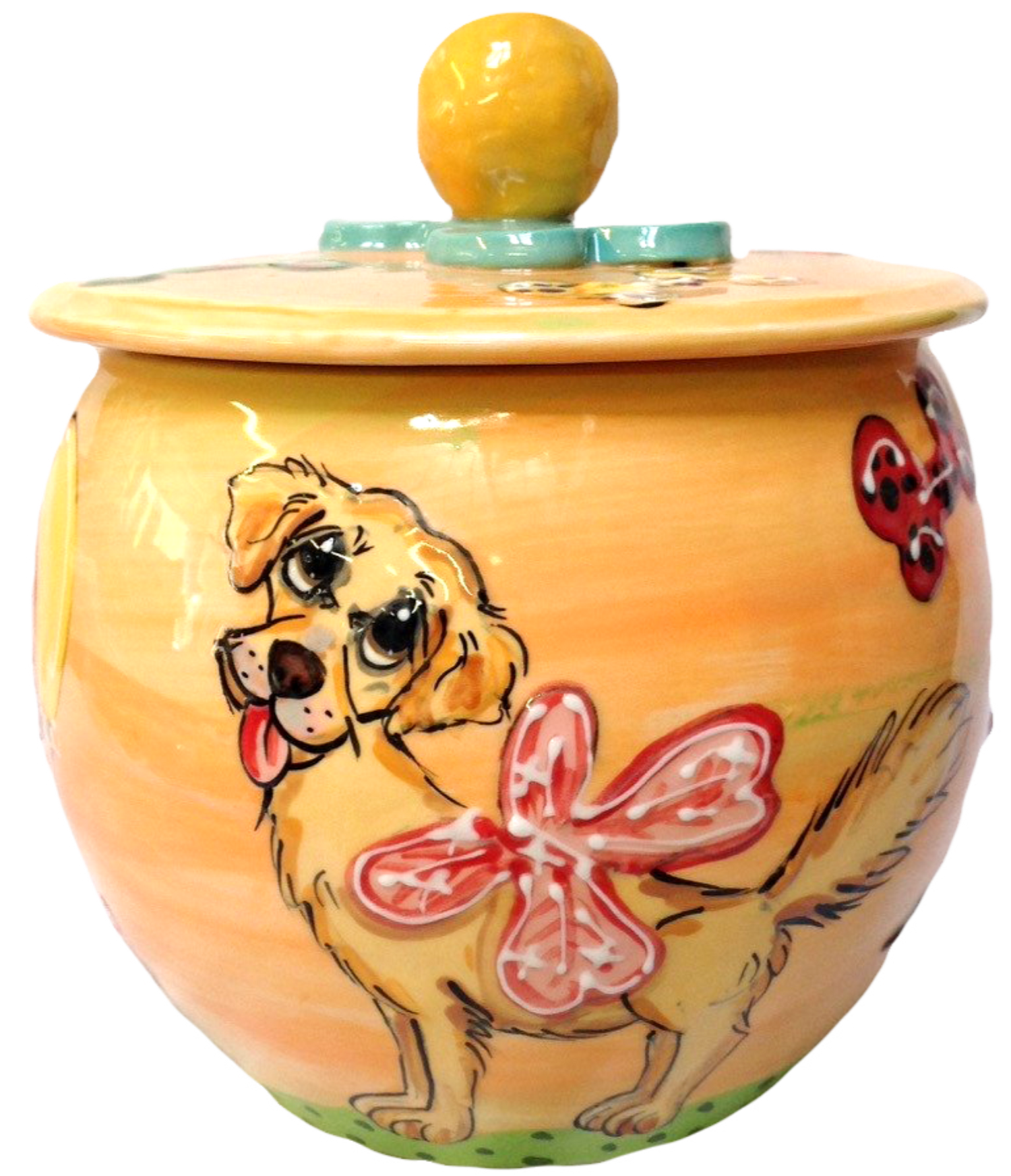 Golden Retriever girl hand painted on treat jar by debby carman