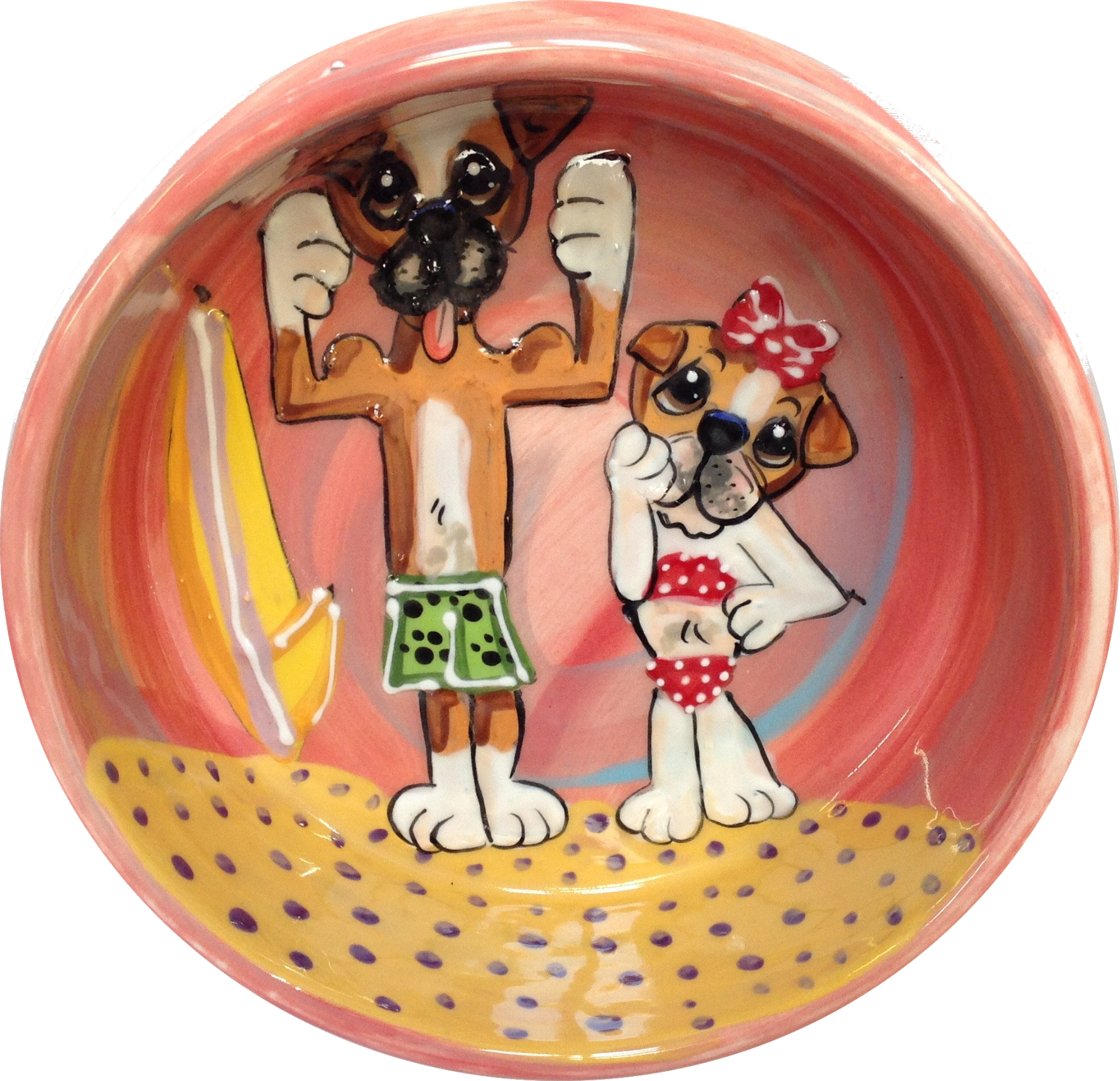 Photo of bulldogs on beach handpainted on ceramic dog food or water bowl by Debby Carman 