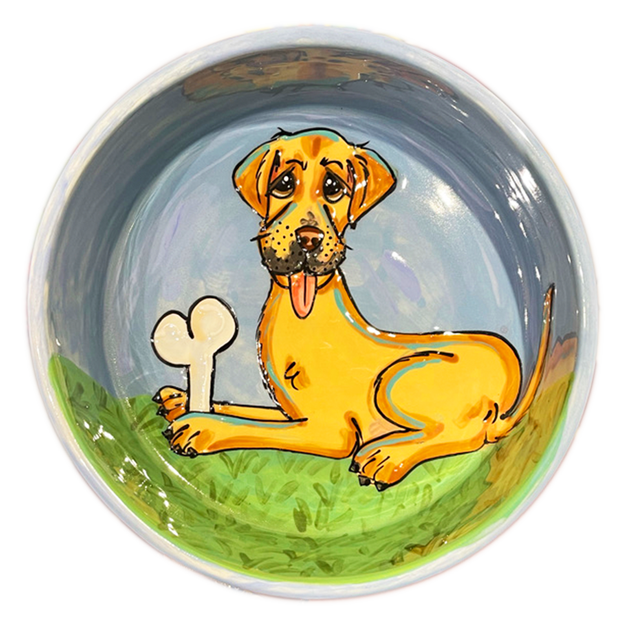 LABRADOR DOG ON CERAMIC FOOD BOWL WITH BONES