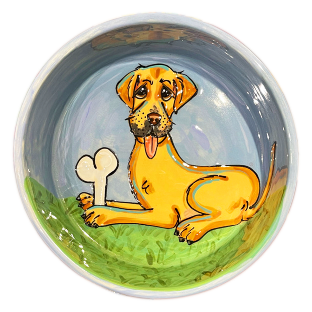 Labrador holding dog bone portrait on blue ceramic bowl