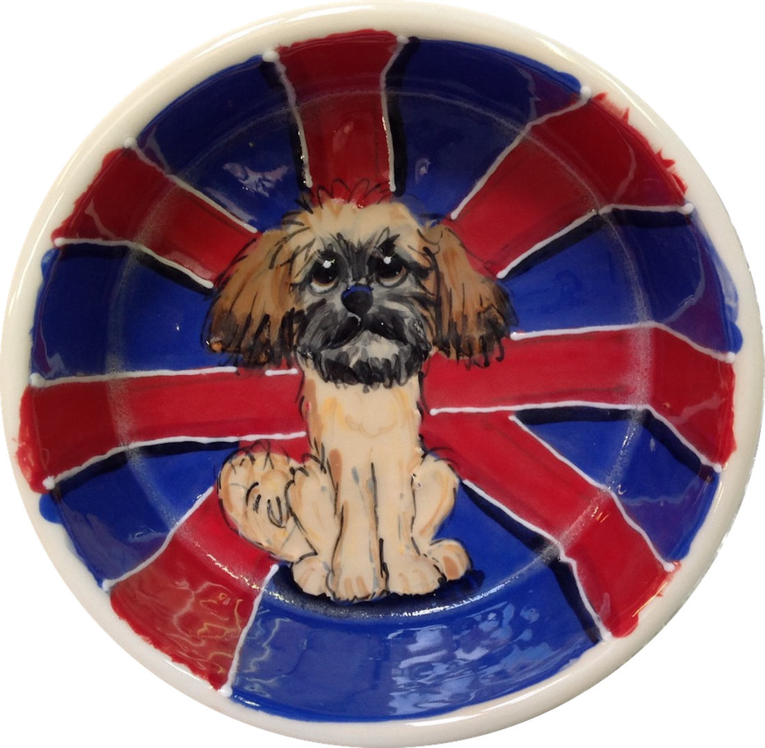 photo of ceramic pet bowl with British flag design and Shih Tzu portrayal by Debby Carman, faux paw petique 