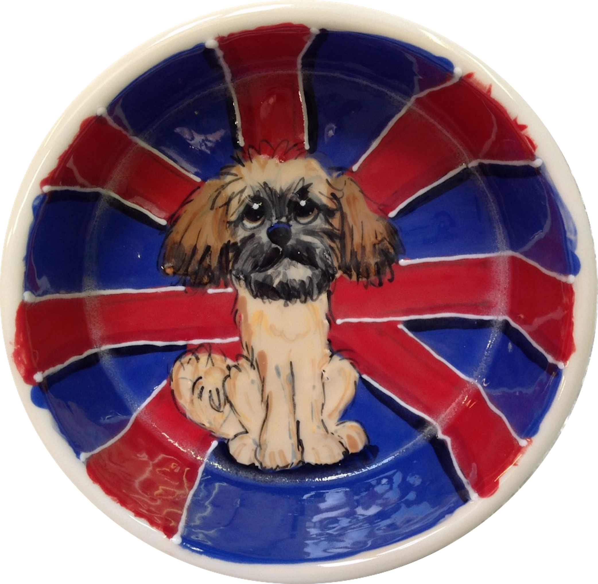 photo of ceramic pet bowl with British flag design and Shih Tzu portrayal by Debby Carman, faux paw petique 