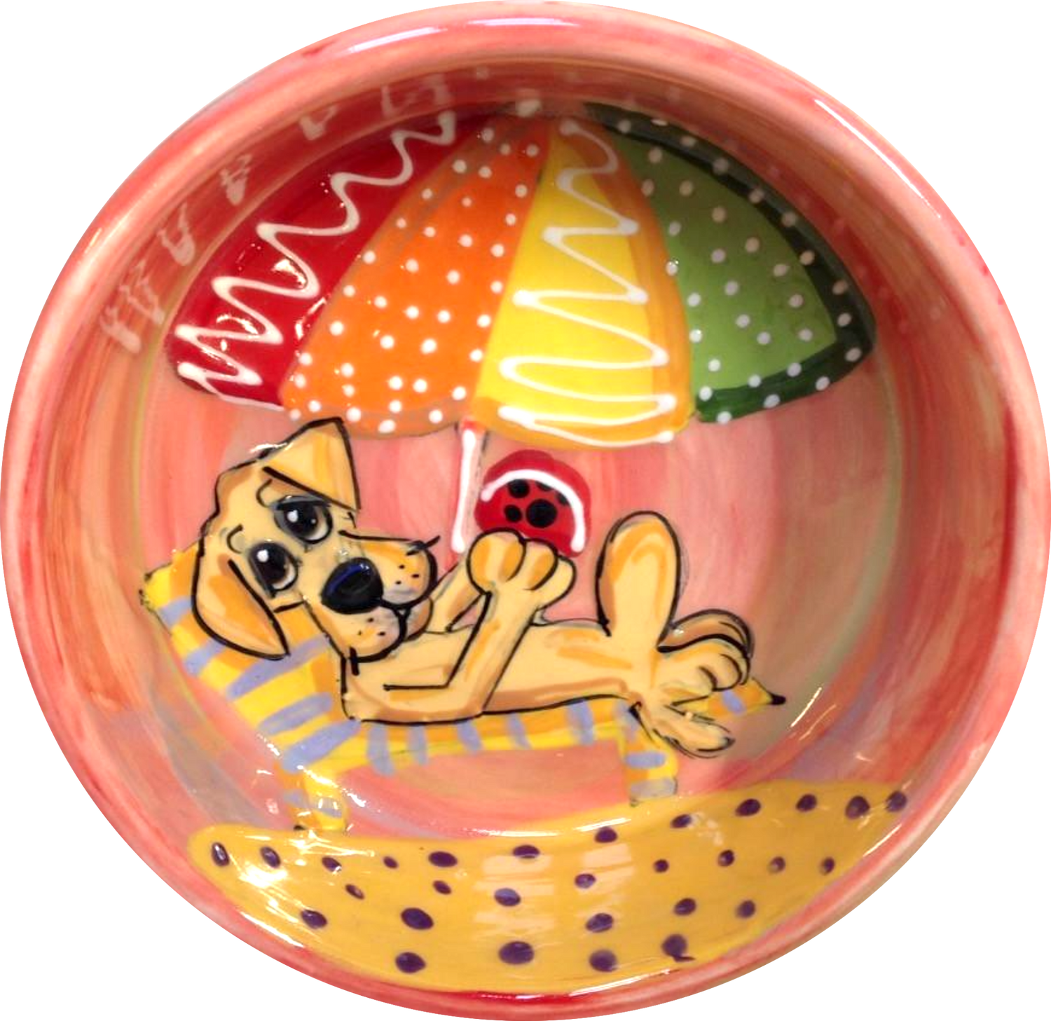 photo of Labrador lounging on the beach enjoying a slice of watermelon, under the beach umbrella, peach color background, ceramic dog bowl, hand painted by Debby Carman, faux paw petique, Artique, faux paw productions