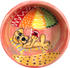 photo of Labrador lounging on the beach enjoying a slice of watermelon, under the beach umbrella, peach color background, ceramic dog bowl, hand painted by Debby Carman, faux paw petique, Artique, faux paw productions