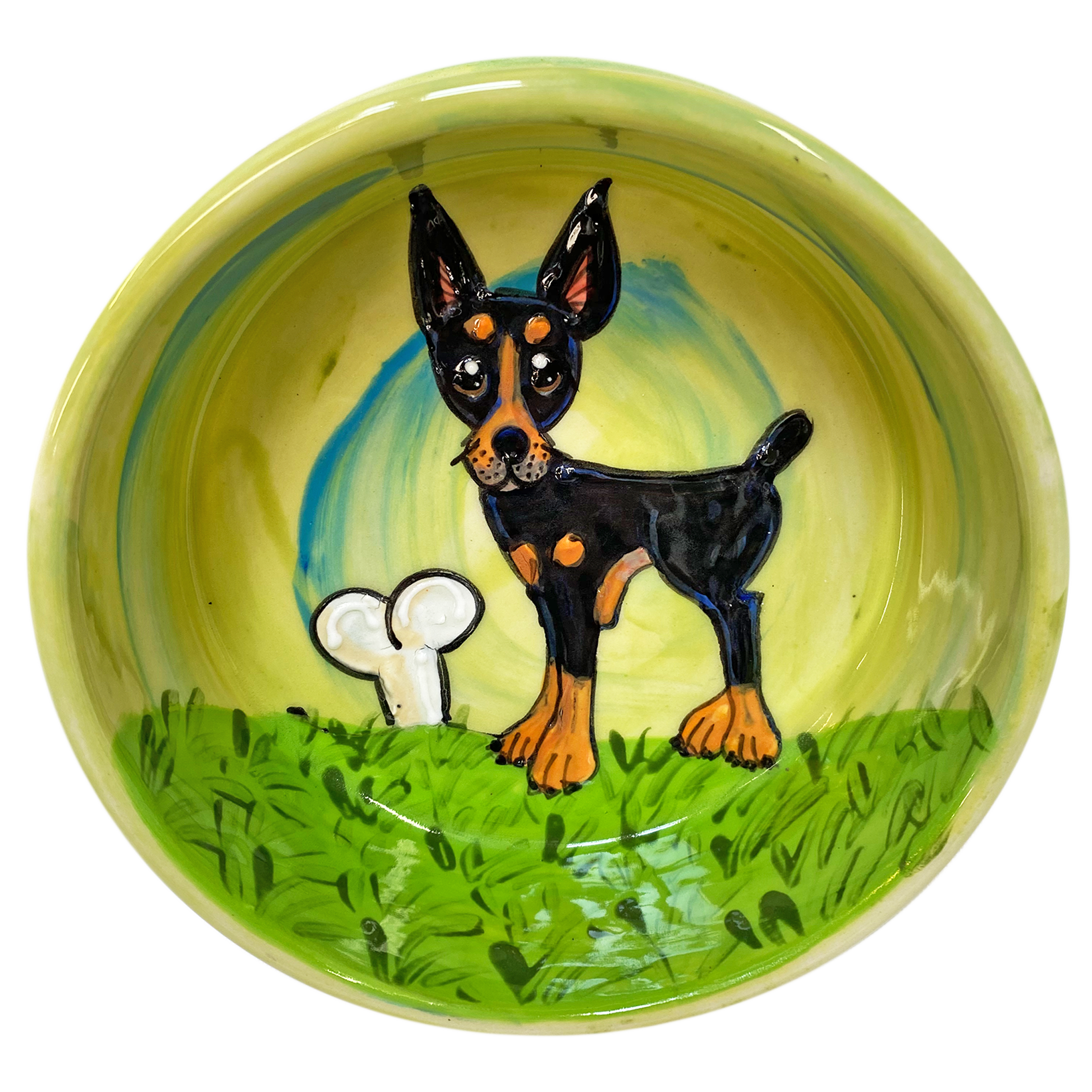 MINIATURE PINSCHER PORTRAIT ON 6 INCH SMALL CERAMIC DOG BOWL 