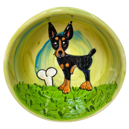 MINIATURE PINSCHER PORTRAIT ON 6 INCH SMALL CERAMIC DOG BOWL 