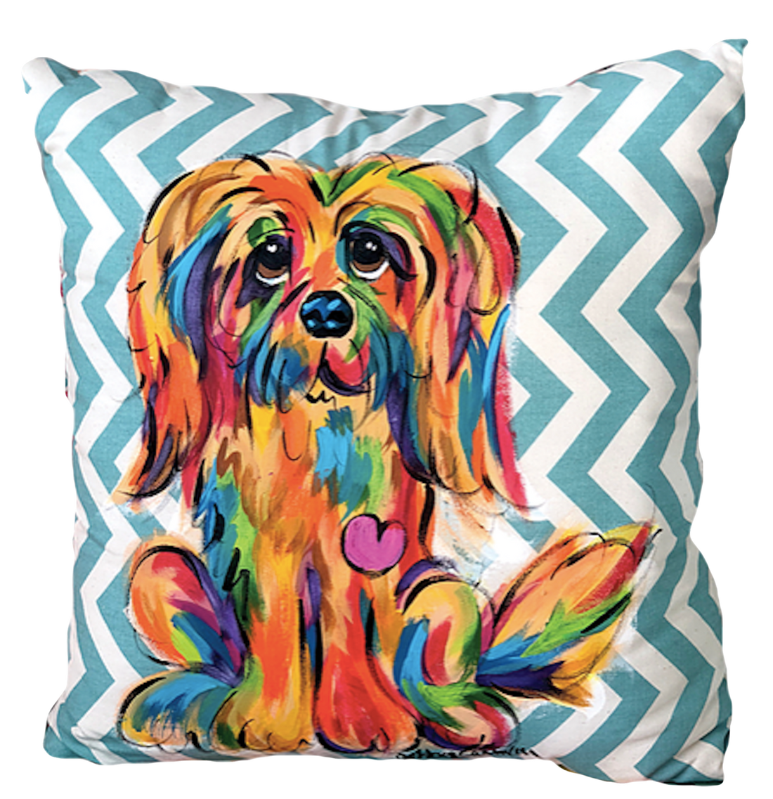 Rainbow Palz© Maltese hand painted on decorative pillow with pattern in aqua  blue and white chevron pattern customizable at faux paw productions