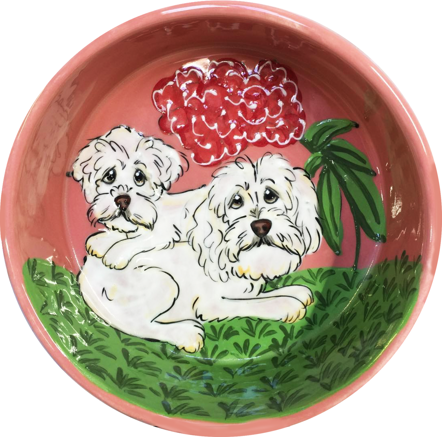 small dog bowl with Maltese puppy and mom in flower garden