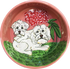 small dog bowl with Maltese puppy and mom in flower garden