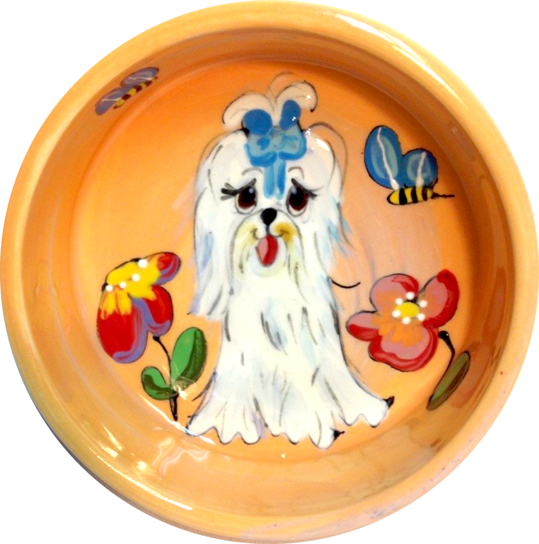 photo of maltese trophy gift, ceramic pet bowl, orange color with flowers and bees