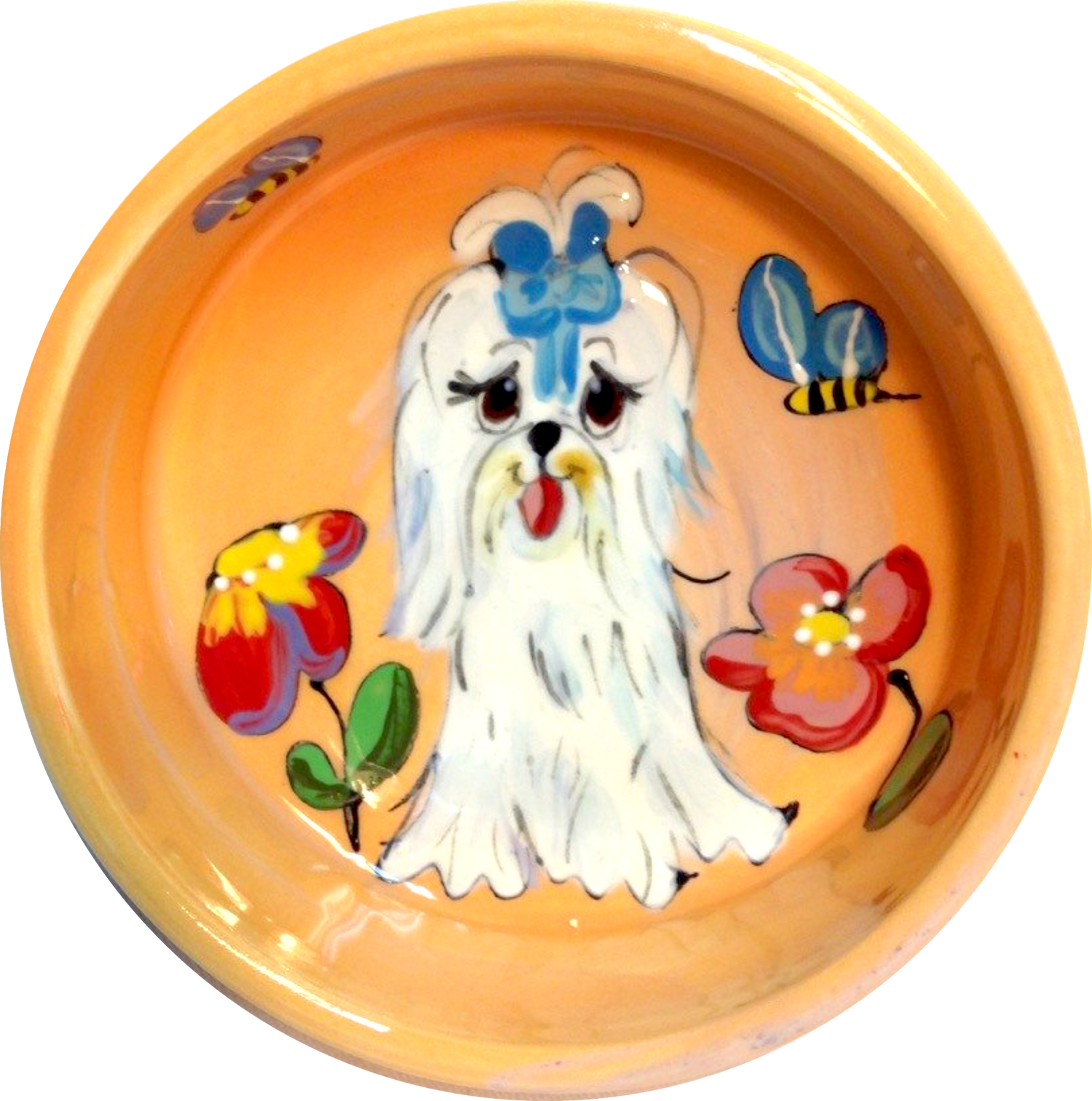 photo of maltese trophy gift, ceramic pet bowl, orange color with flowers and bees