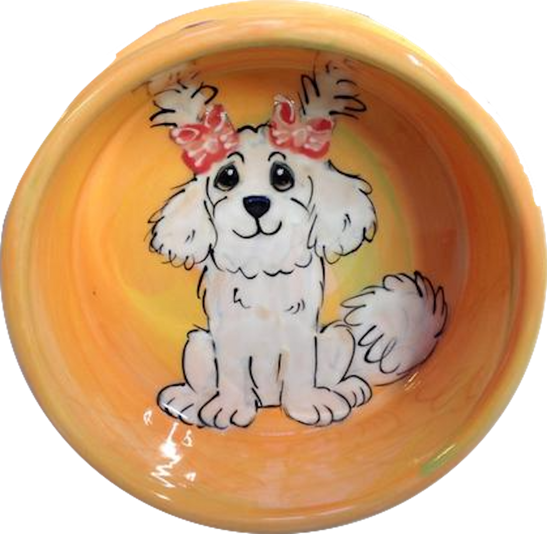 Bichon Girl with pig Tails on Orange Bowl Hand Painted by Debby Carman Faux Paw Productions Artique Petique Custom Stylish Dog Bowls Pet Feeder and Waterers Laguna Beach Pet Supplies and Pet Portraits