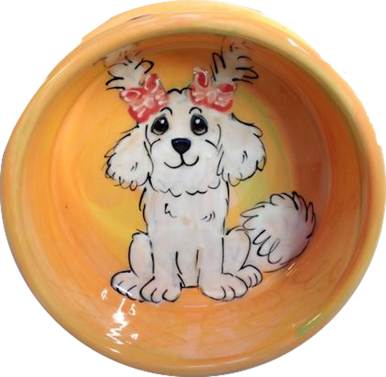 Bichon Girl with pig Tails on Orange Bowl Hand Painted by Debby Carman Faux Paw Productions Artique Petique Custom Stylish Dog Bowls Pet Feeder and Waterers Laguna Beach Pet Supplies and Pet Portraits