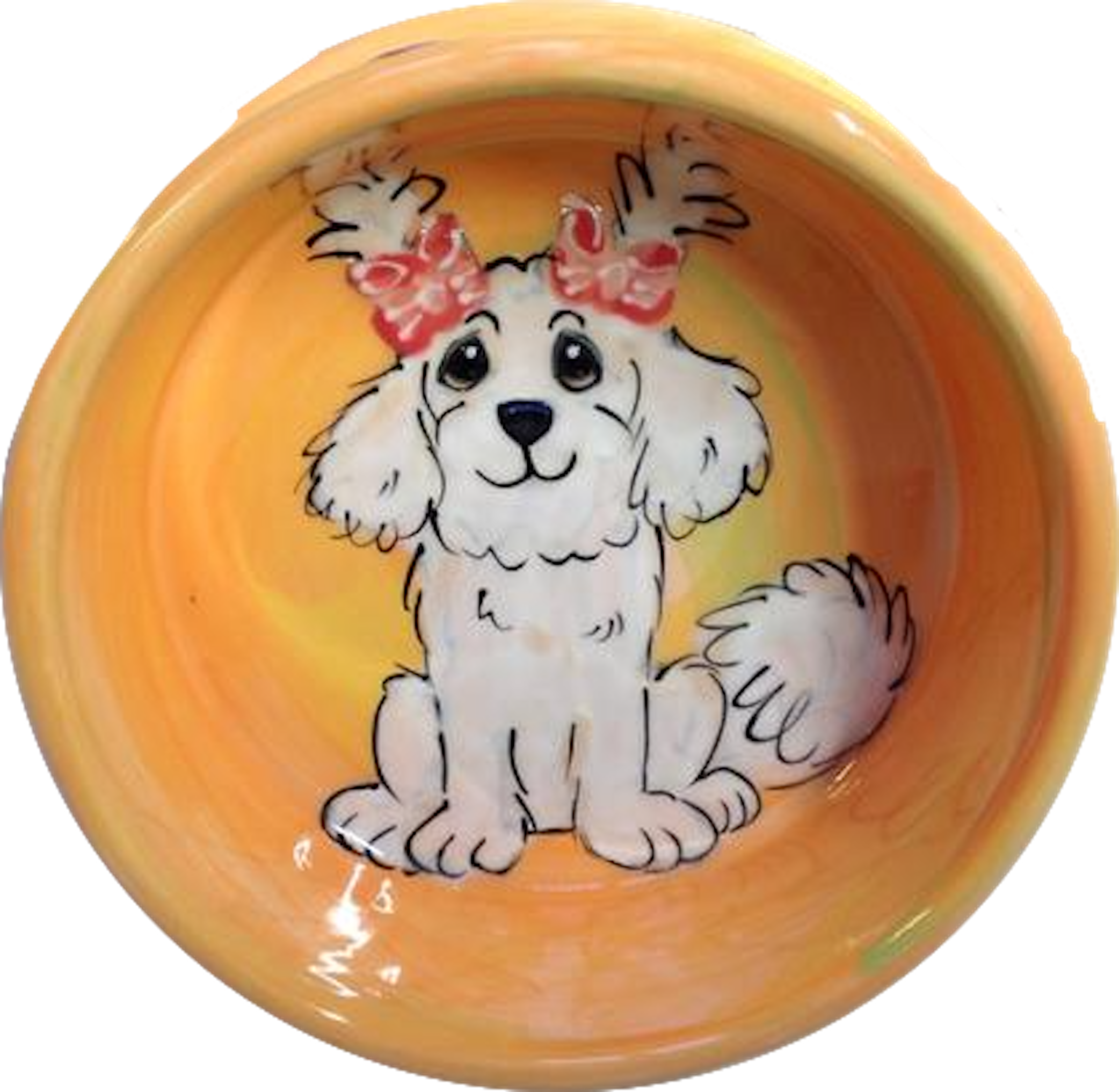 Bichon Girl with pig Tails on Orange Bowl Hand Painted by Debby Carman Faux Paw Productions Artique Petique Custom Stylish Dog Bowls Pet Feeder and Waterers Laguna Beach Pet Supplies and Pet Portraits