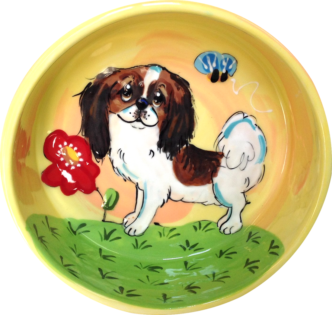 Pekingese gift ceramic food bowl in garden theme with flower and bumble bee design by Debby Carman 